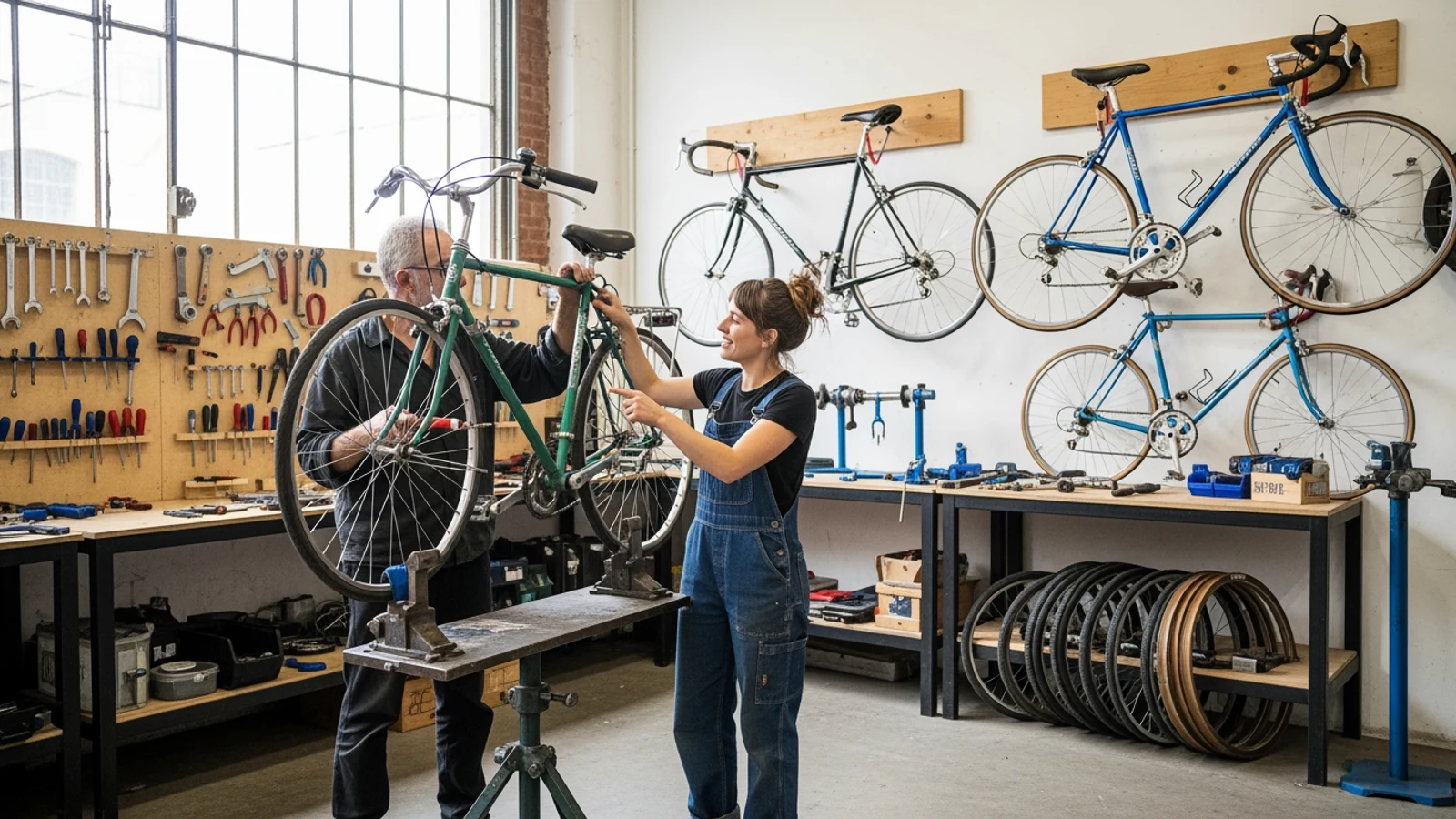 Mécanicien vélo travaillant dans un atelier lumineux