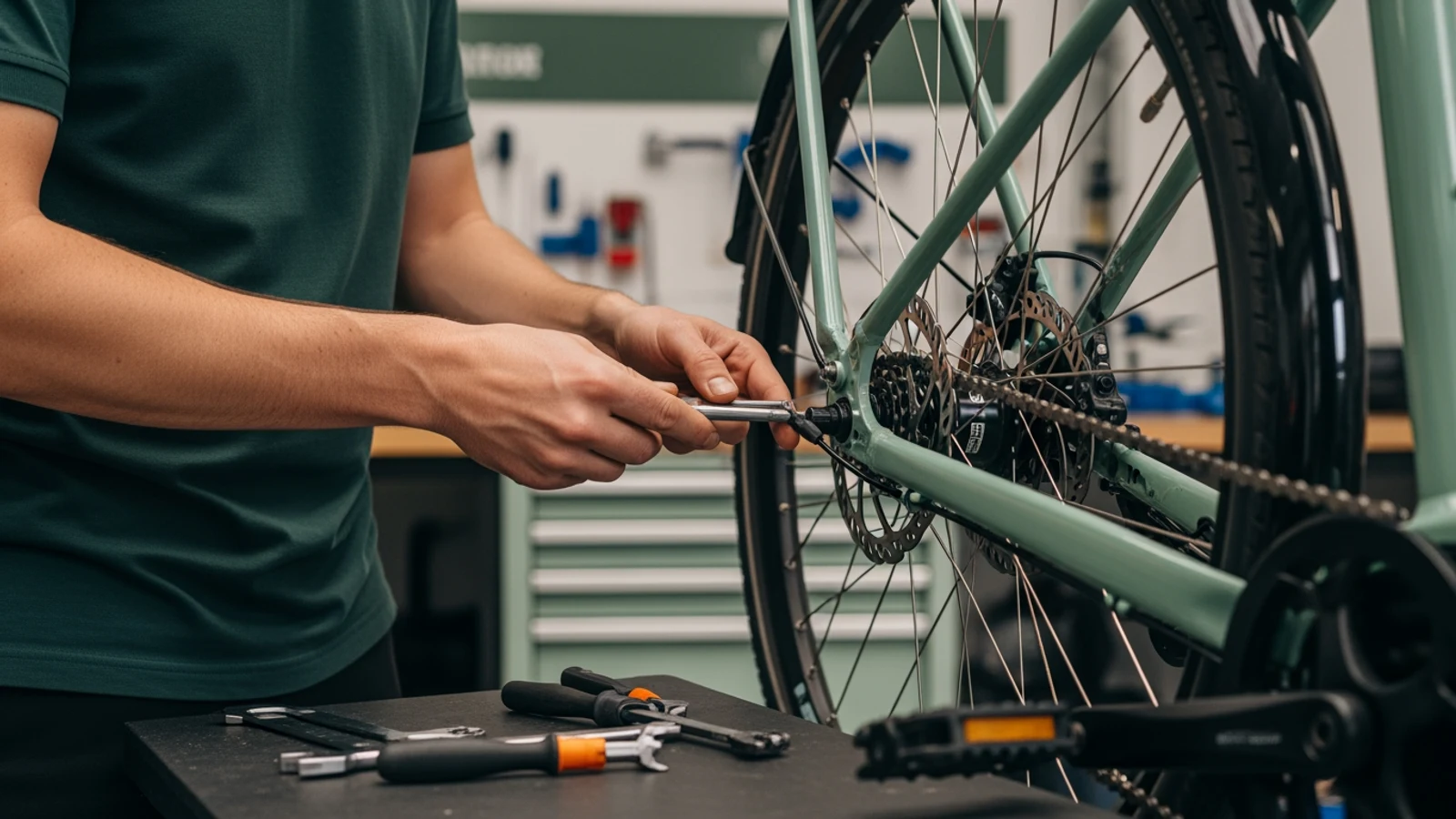 Mains d’un mécanicien réparant un vélo en atelier