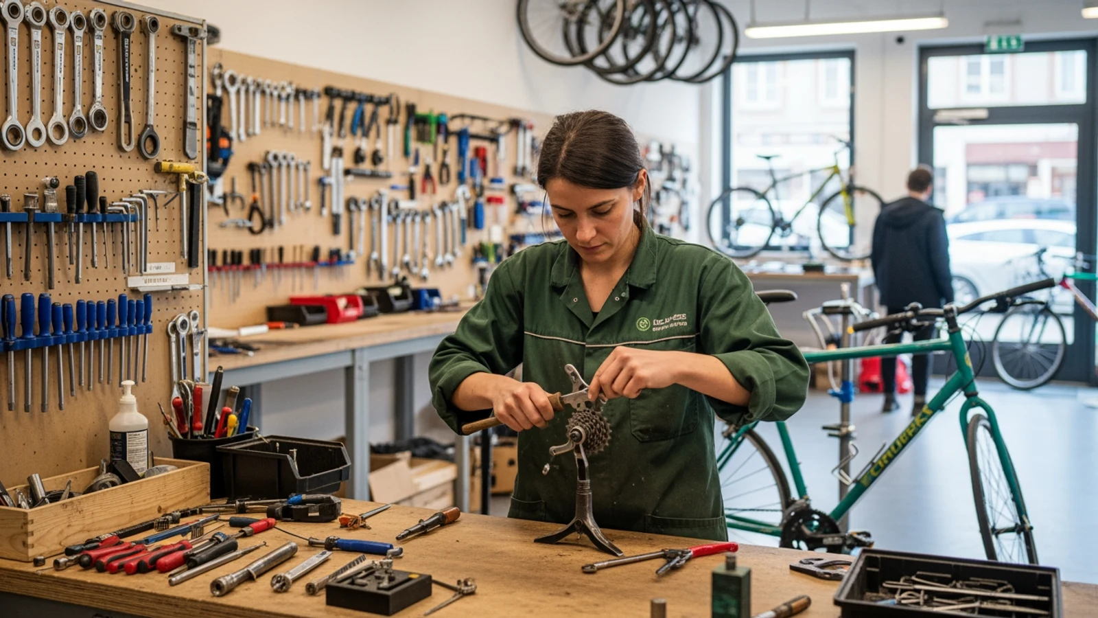 Mécanicien vélo travaillant dans un atelier lumineux