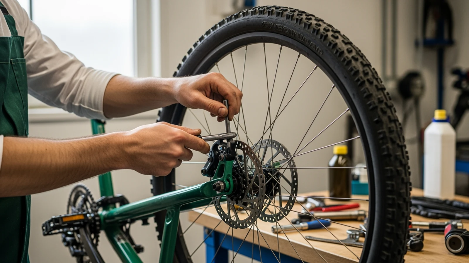 Mains d’un mécanicien réparant un vélo en atelier
